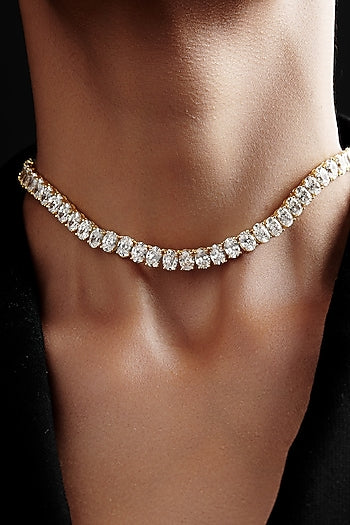 Gold Finish Oval-Shaped Cubic Zirconia Crystal Choker Necklace In Sterling Silver