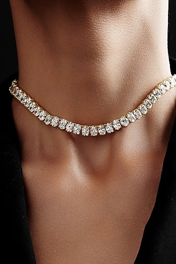 Gold Finish Oval-Shaped Cubic Zirconia Crystal Choker Necklace In Sterling Silver
