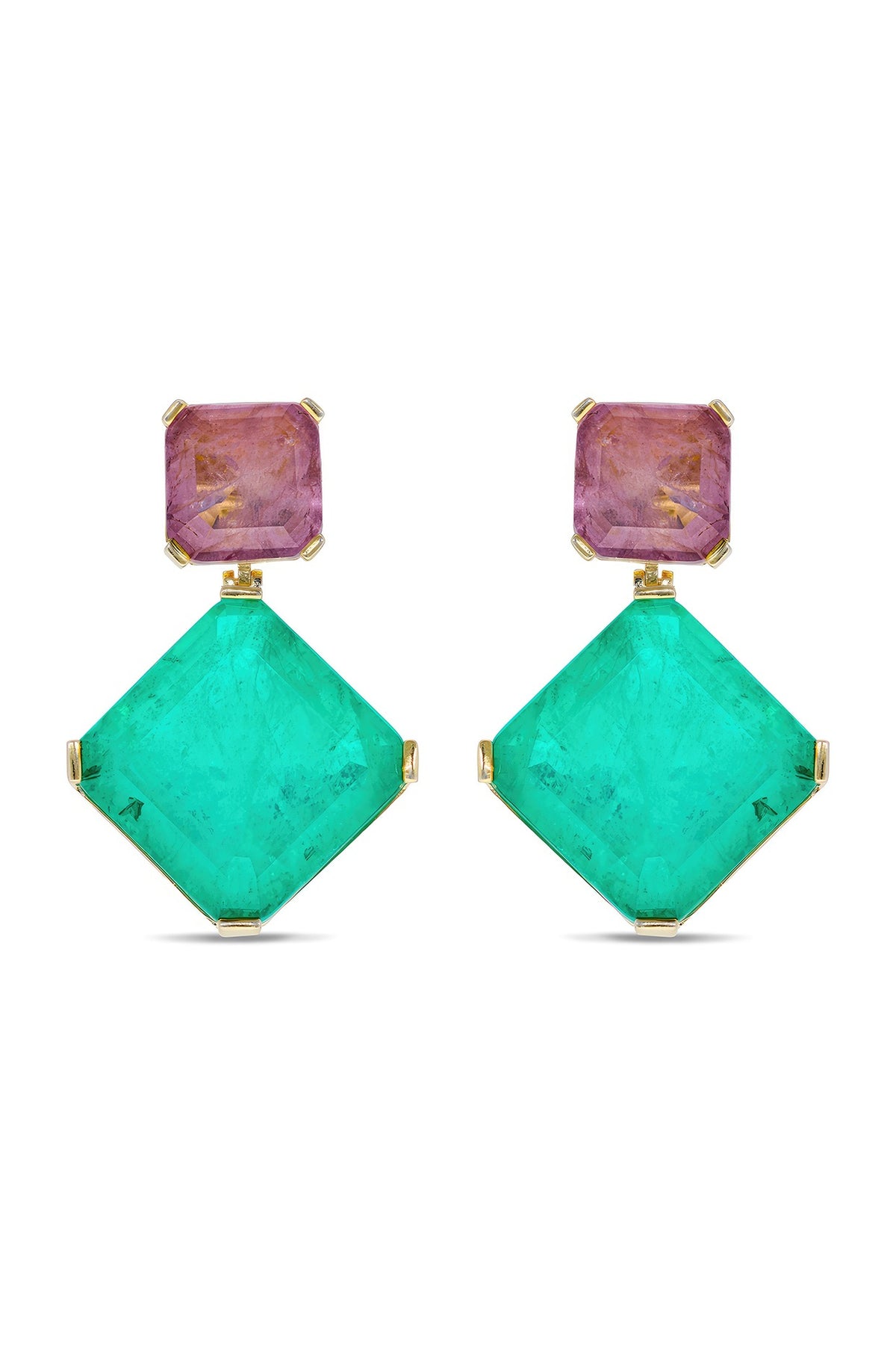 Gold Finish Dark Magenta & Turquoise Natural Stone Dangler Earrings In Sterling Silver