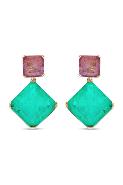 Gold Finish Dark Magenta & Turquoise Natural Stone Dangler Earrings In Sterling Silver