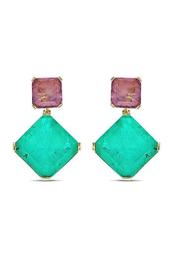 Gold Finish Dark Magenta & Turquoise Natural Stone Dangler Earrings In Sterling Silver