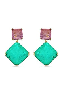 Gold Finish Dark Magenta & Turquoise Natural Stone Dangler Earrings In Sterling Silver