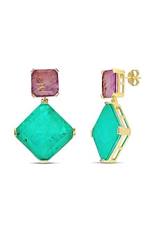 Gold Finish Dark Magenta & Turquoise Natural Stone Dangler Earrings In Sterling Silver