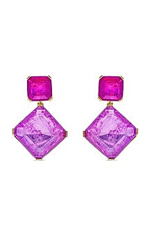 Gold Finish Neon Pink & Dark Magenta Natural Stone Dangler Earrings In Sterling Silver