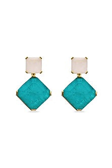Gold Finish Turquoise & White Natural Stone Dangler Earrings In Sterling Silver