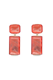 Gold Finish Coral Orange Natural Stone Dangler Earrings In Sterling Silver
