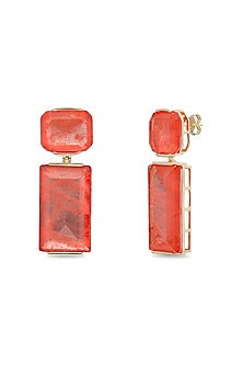 Gold Finish Coral Orange Natural Stone Dangler Earrings In Sterling Silver