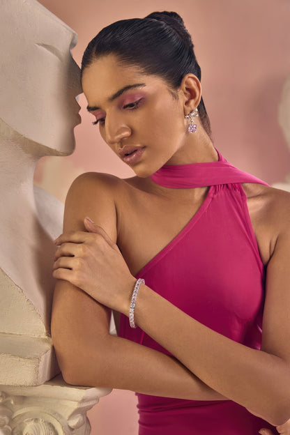 White Rhodium Finish Pink & White Cubic Zirconia Crystal Tennis Bracelet In Sterling Silver