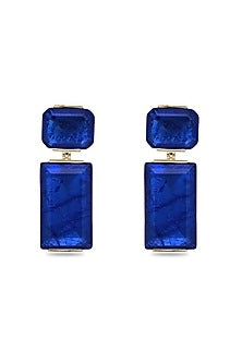 Gold Finish Dark Blue Natural Stone Dangler Earrings In Sterling Silver