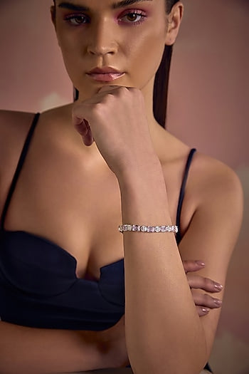 White Rhodium Finish Pink & White Cubic Zirconia Crystal Tennis Bracelet In Sterling Silver