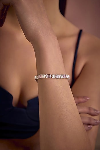 White Rhodium Finish Pink & White Cubic Zirconia Crystal Tennis Bracelet In Sterling Silver