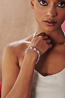 White Rhodium Finish Square-Shaped Ruby & White Cubic Zirconia Crystal Tennis Bracelet In Sterling Silver