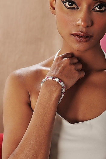 White Rhodium Finish Square-Shaped Ruby & White Cubic Zirconia Crystal Tennis Bracelet In Sterling Silver