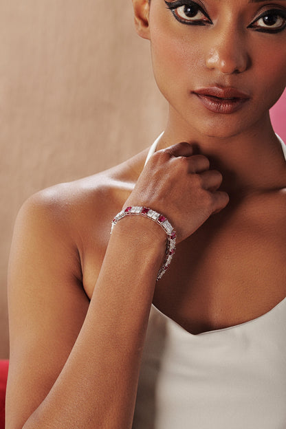 White Rhodium Finish Square-Shaped Ruby & White Cubic Zirconia Crystal Tennis Bracelet In Sterling Silver