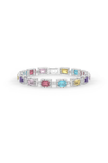 White Rhodium Finish Multi-Colored Cubic Zirconia Crystal Tennis Bracelet In Sterling Silver