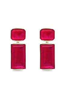 Gold Finish Deep Pink Natural Stone Dangler Earrings In Sterling Silver