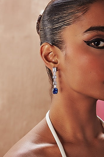 White Rhodium Finish Sapphire Cubic Zirconia Crystal Dangler Earrings In Sterling Silver