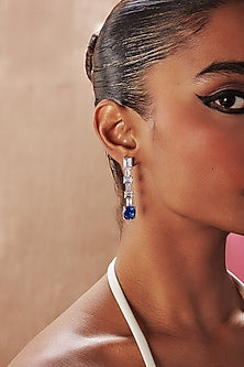 White Rhodium Finish Sapphire Cubic Zirconia Crystal Dangler Earrings In Sterling Silver