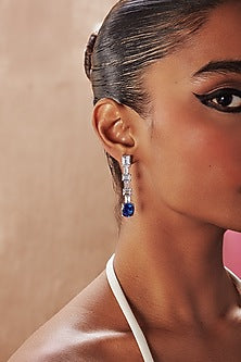 White Rhodium Finish Sapphire Cubic Zirconia Crystal Dangler Earrings In Sterling Silver