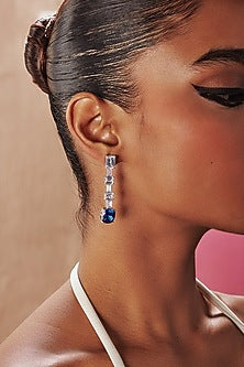 White Rhodium Finish Sapphire Cubic Zirconia Crystal Dangler Earrings In Sterling Silver