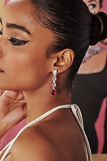 White Rhodium Finish Ruby Cubic Zirconia Crystal Dangler Earrings In Sterling Silver