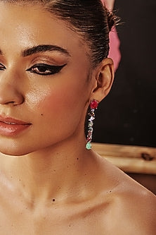 White Rhodium Finish Multi-Colored Sapphire Cubic Zirconia Crystal Dangler Earrings In Sterling Silver