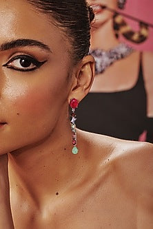 White Rhodium Finish Multi-Colored Sapphire Cubic Zirconia Crystal Dangler Earrings In Sterling Silver