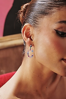 White Rhodium Finish Multi-Colored Cubic Zirconia Crystal Dangler Earrings In Sterling Silver