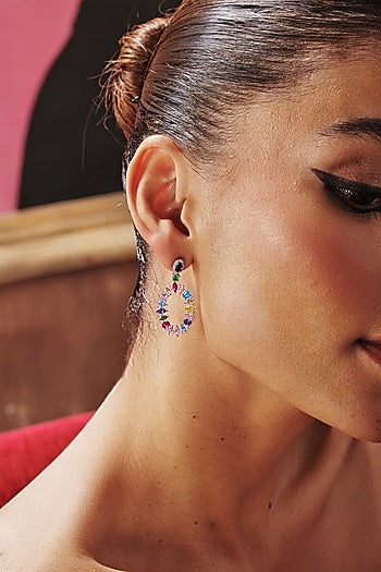 White Rhodium Finish Multi-Colored Cubic Zirconia Crystal Dangler Earrings In Sterling Silver