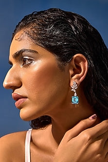 White Rhodium Finish Aqua Cubic Zirconia Crystal Dangler Earrings In Sterling Silver
