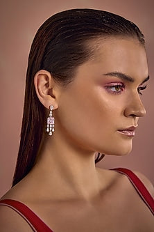 White Rhodium Finish Pink Cubic Zirconia Crystal Dangler Earrings In Sterling Silver