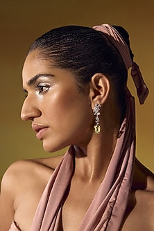 White Rhodium Finish Yellow Cubic Zirconia Crystal Dangler Earrings In Sterling Silver