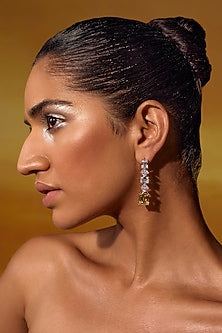 White Rhodium Finish Yellow Cubic Zirconia Crystal Dangler Earrings In Sterling Silver