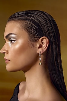 White Rhodium Finish Yellow Cubic Zirconia Crystal Dangler Earrings In Sterling Silver