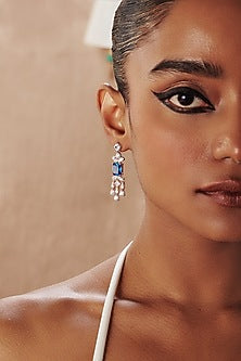 White Rhodium Finish Blue Cubic Zirconia Crystal Dangler Earrings In Sterling Silver