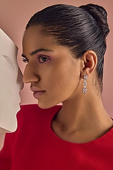 White Rhodium Finish Emerald-Cut Pink Cubic Zirconia Crystal Dangler Earrings In Sterling Silver