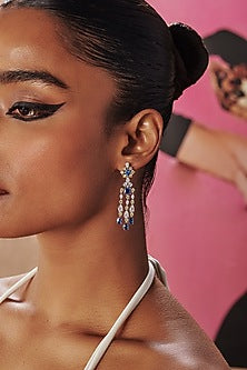White Rhodium Finish Blue Cubic Zirconia Crystal Chandelier Dangler Earrings In Sterling Silver