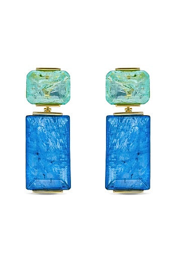 Gold Finish Mint Green & Sky Blue Natural Stone Dangler Earrings In Sterling Silver