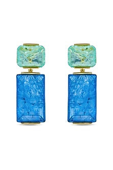 Gold Finish Mint Green & Sky Blue Natural Stone Dangler Earrings In Sterling Silver