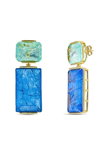 Gold Finish Mint Green & Sky Blue Natural Stone Dangler Earrings In Sterling Silver