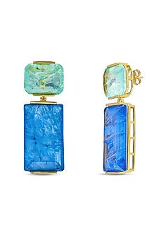 Gold Finish Mint Green & Sky Blue Natural Stone Dangler Earrings In Sterling Silver