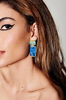 Gold Finish Mint Green & Sky Blue Natural Stone Dangler Earrings In Sterling Silver