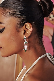 White Rhodium Finish Green Cubic Zirconia Crystal Chandelier Dangler Earrings In Sterling Silver