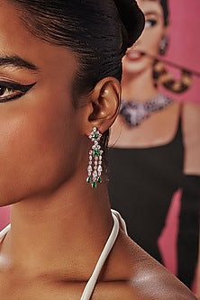 White Rhodium Finish Green Cubic Zirconia Crystal Chandelier Dangler Earrings In Sterling Silver