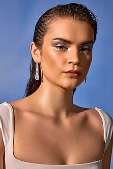 White Rhodium Finish Aqua Cubic Zirconia Crystal Dangler Earrings In Sterling Silver