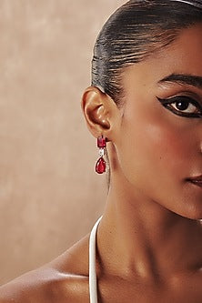 White Rhodium Finish Ruby Teardrop Cubic Zirconia Crystal Dangler Earrings In Sterling Silver
