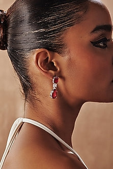 White Rhodium Finish Ruby Teardrop Cubic Zirconia Crystal Dangler Earrings In Sterling Silver