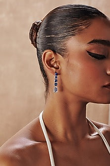 White Rhodium Finish Blue & White Cubic Zirconia Crystal Dangler Earrings In Sterling Silver