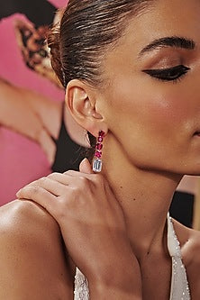 White Rhodium Finish Red & White Cubic Zirconia Crystal Dangler Earrings In Sterling Silver