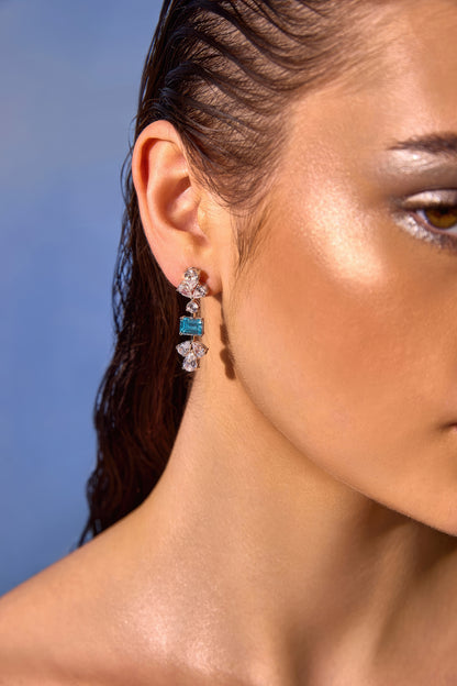 White Rhodium Finish Aqua Cubic Zirconia Crystal Dangler Earrings In Sterling Silver